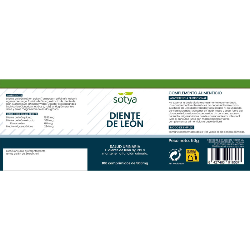 Diente de leon 500mg 100 comprimidos Sotya