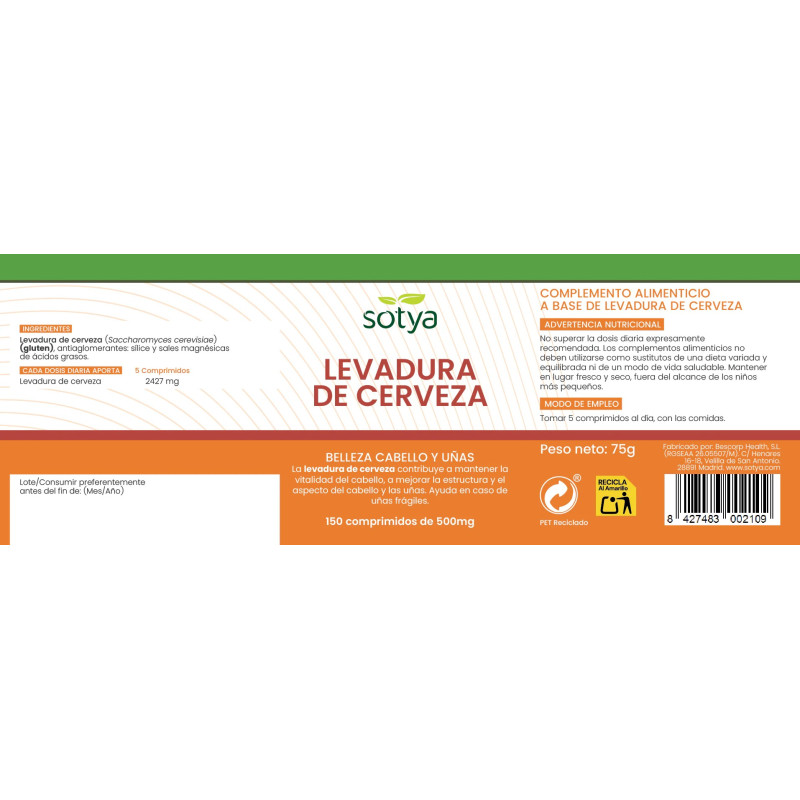 Levadura de cerveza 500 mg 150 comprimidos Sotya