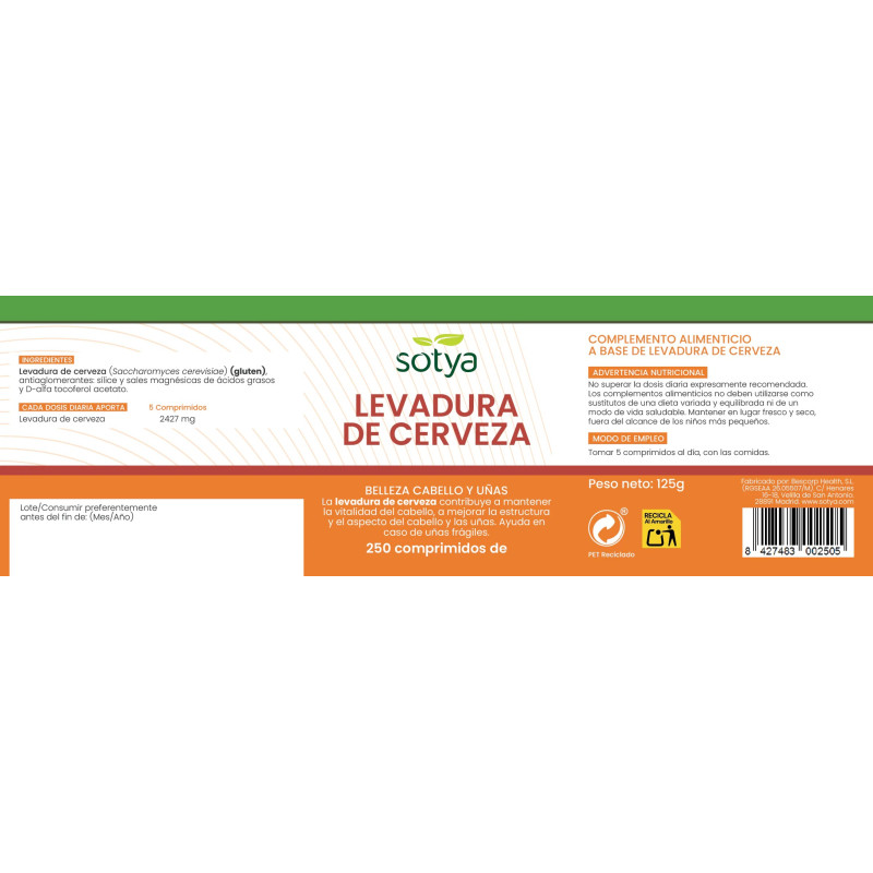 Levadura de cerveza 500mg 250 comprimidos Sotya
