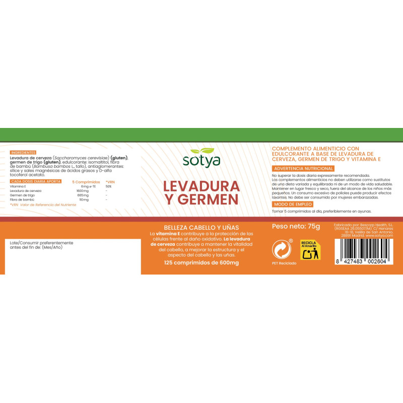Levadura de cerveza y germen de trigo 600 mg 125 comprimidos Sotya