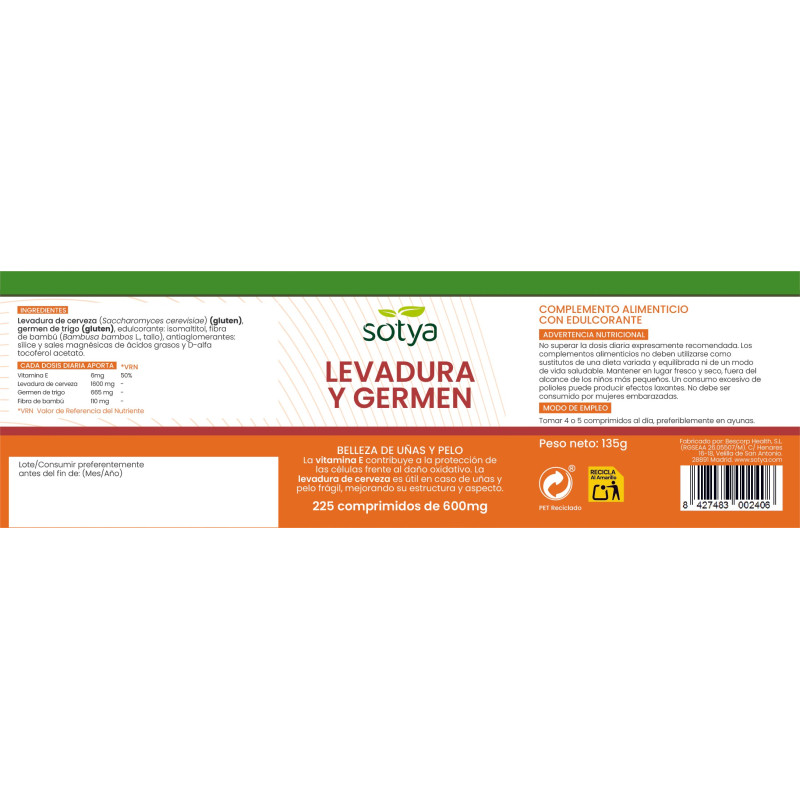 Levadura de cerveza y germen de trigo 600mg 225 comprimidos Sotya