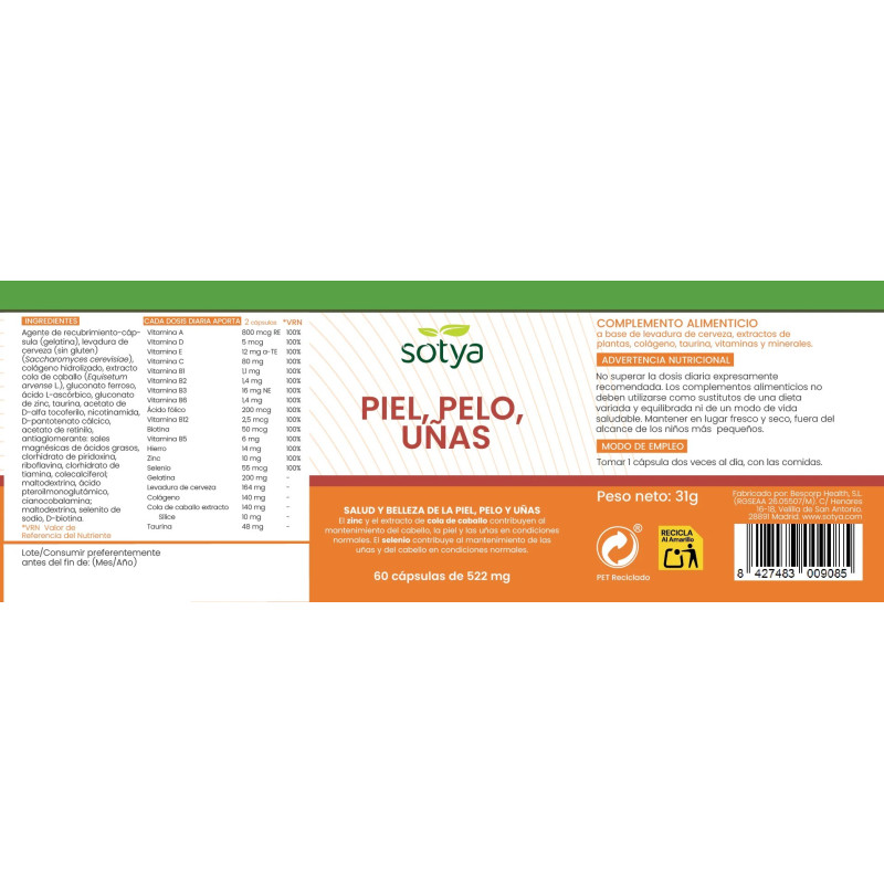 Piel, pelo y uñas 522mg 60 capsulas Sotya